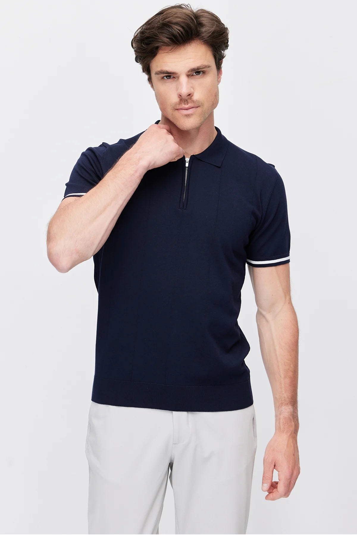 Men's Zip-Up Collar Striped Detail Knit T-Shirt