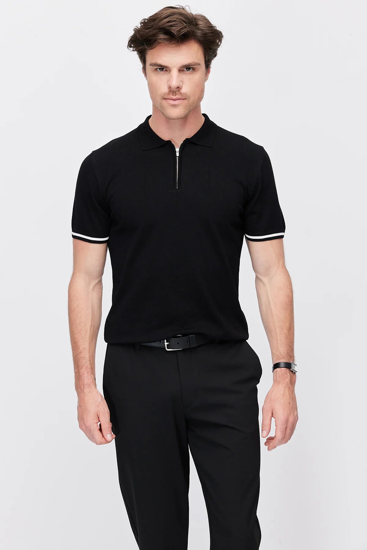 Men's Zip-Up Collar Striped Detail Knit T-Shirt
