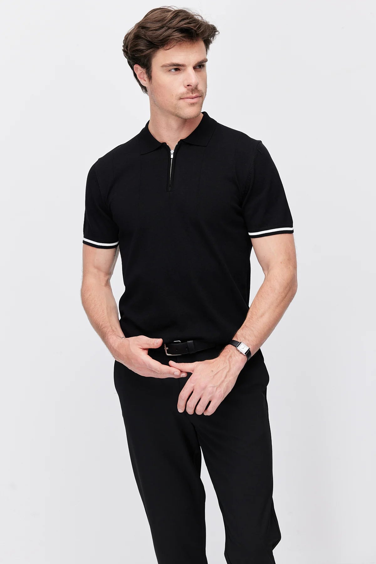 Men's Zip-Up Collar Striped Detail Knit T-Shirt