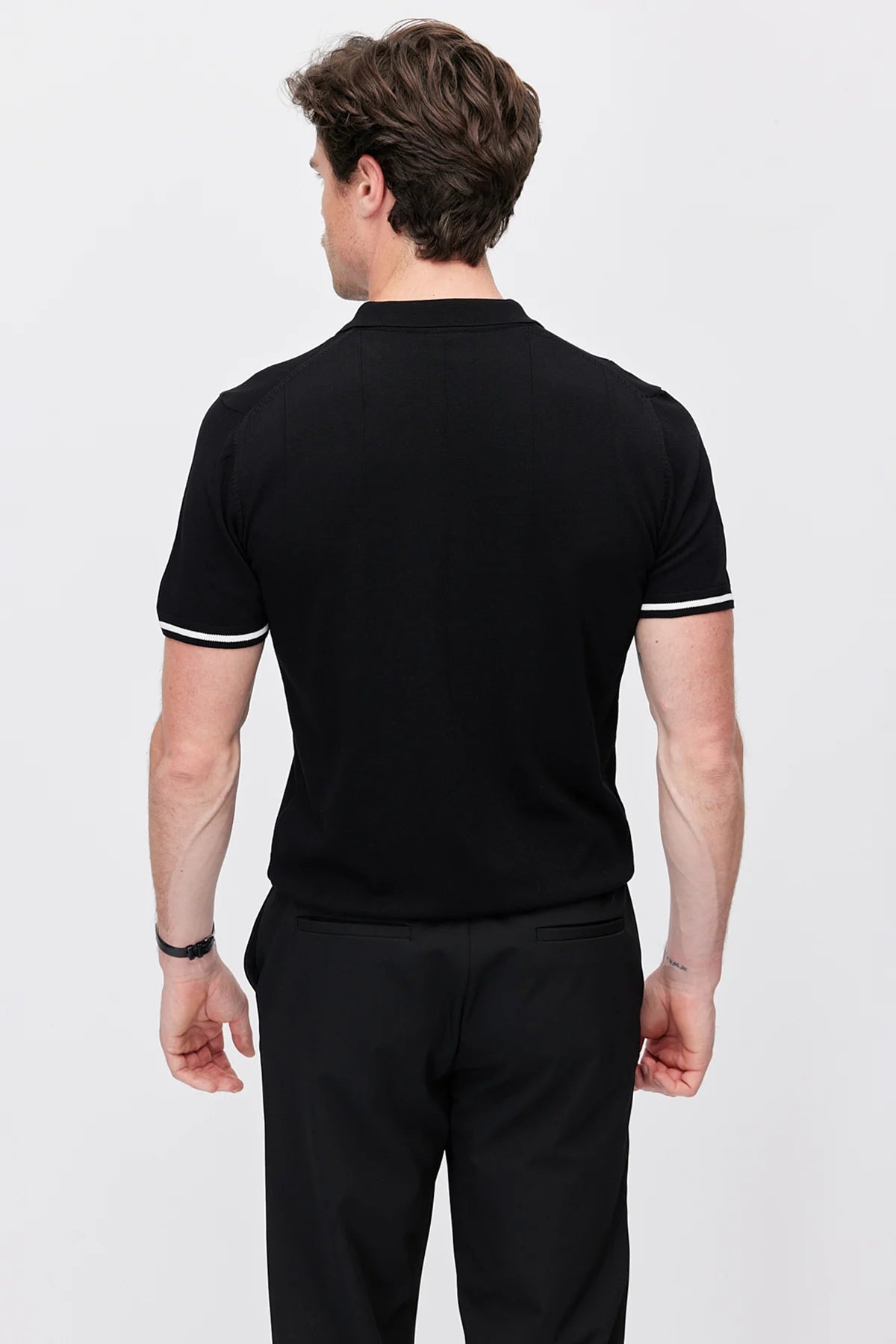 Men's Zip-Up Collar Striped Detail Knit T-Shirt