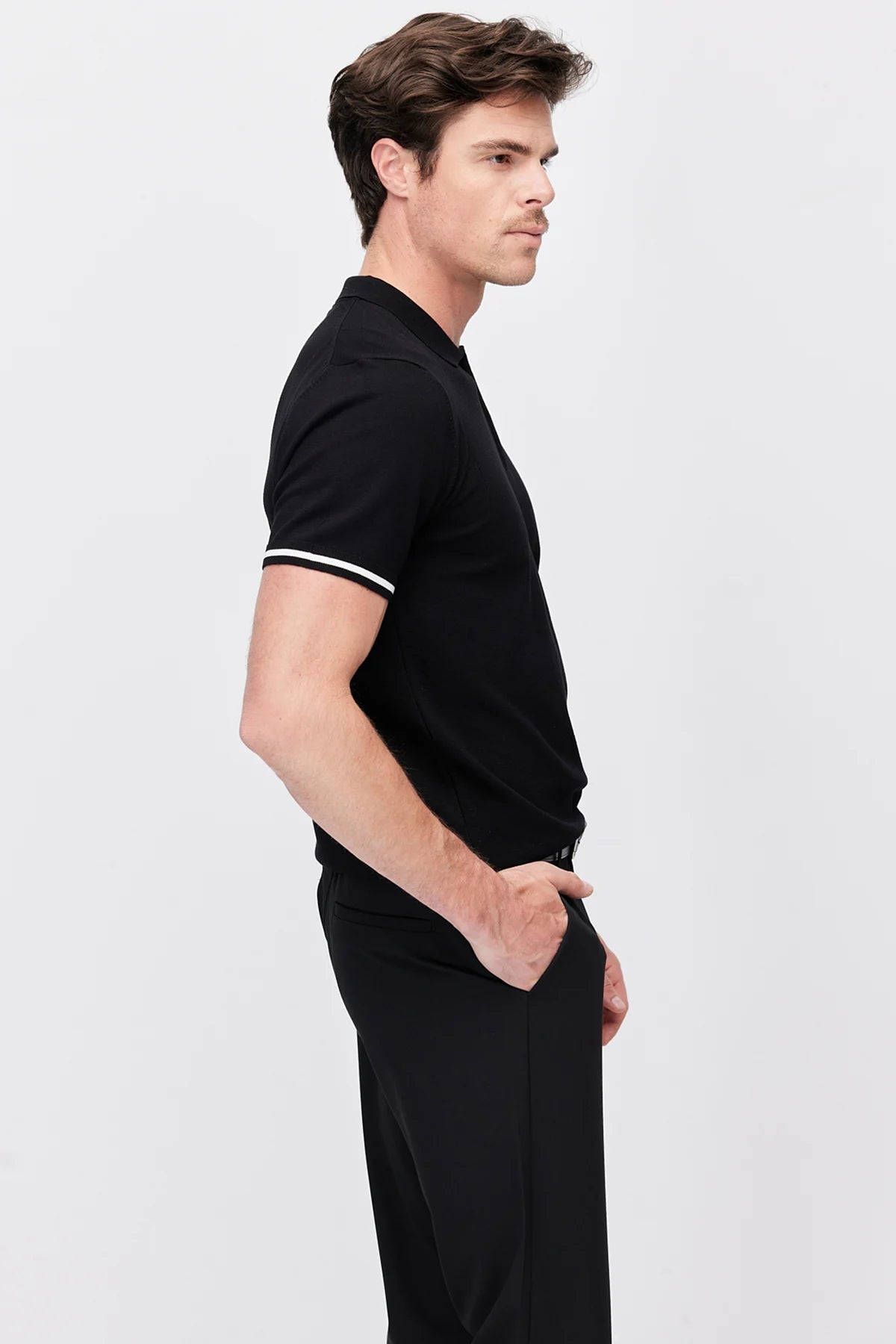 Men's Zip-Up Collar Striped Detail Knit T-Shirt