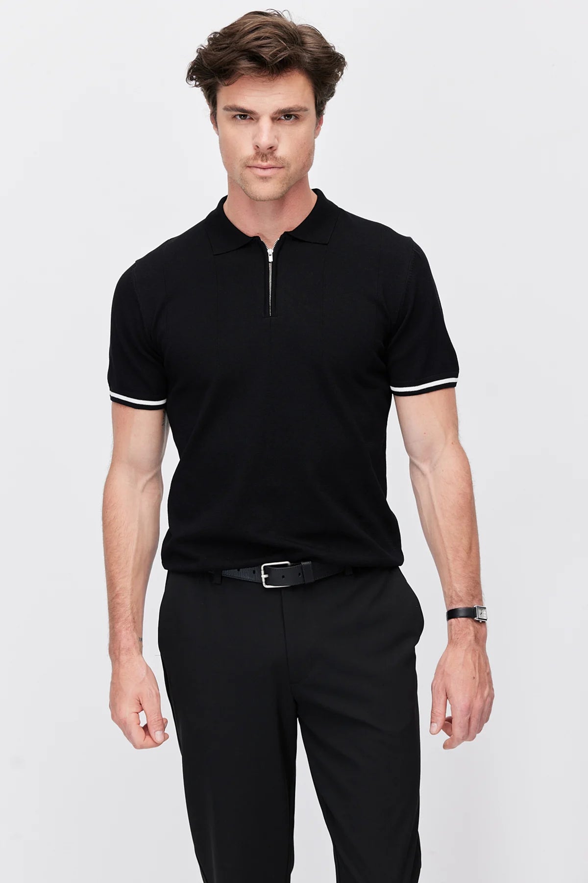 Men's Zip-Up Collar Striped Detail Knit T-Shirt