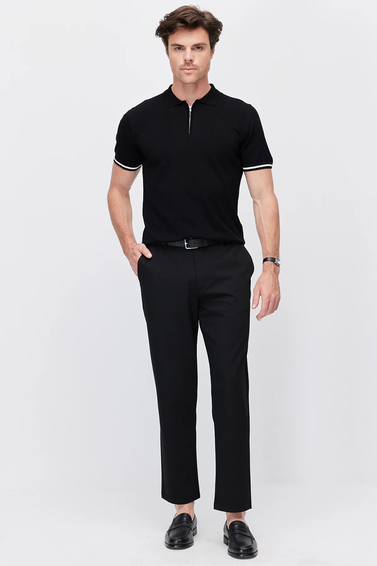 Men's Zip-Up Collar Striped Detail Knit T-Shirt