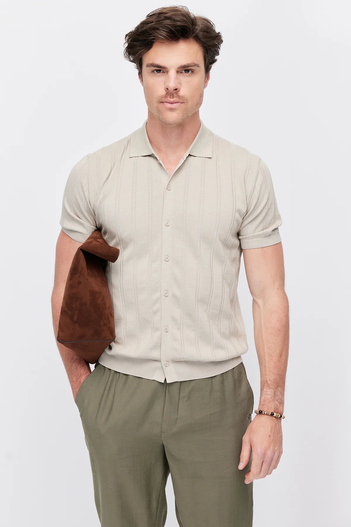 Men's Detailed Buttoned Knit Polo Collar T-Shirt