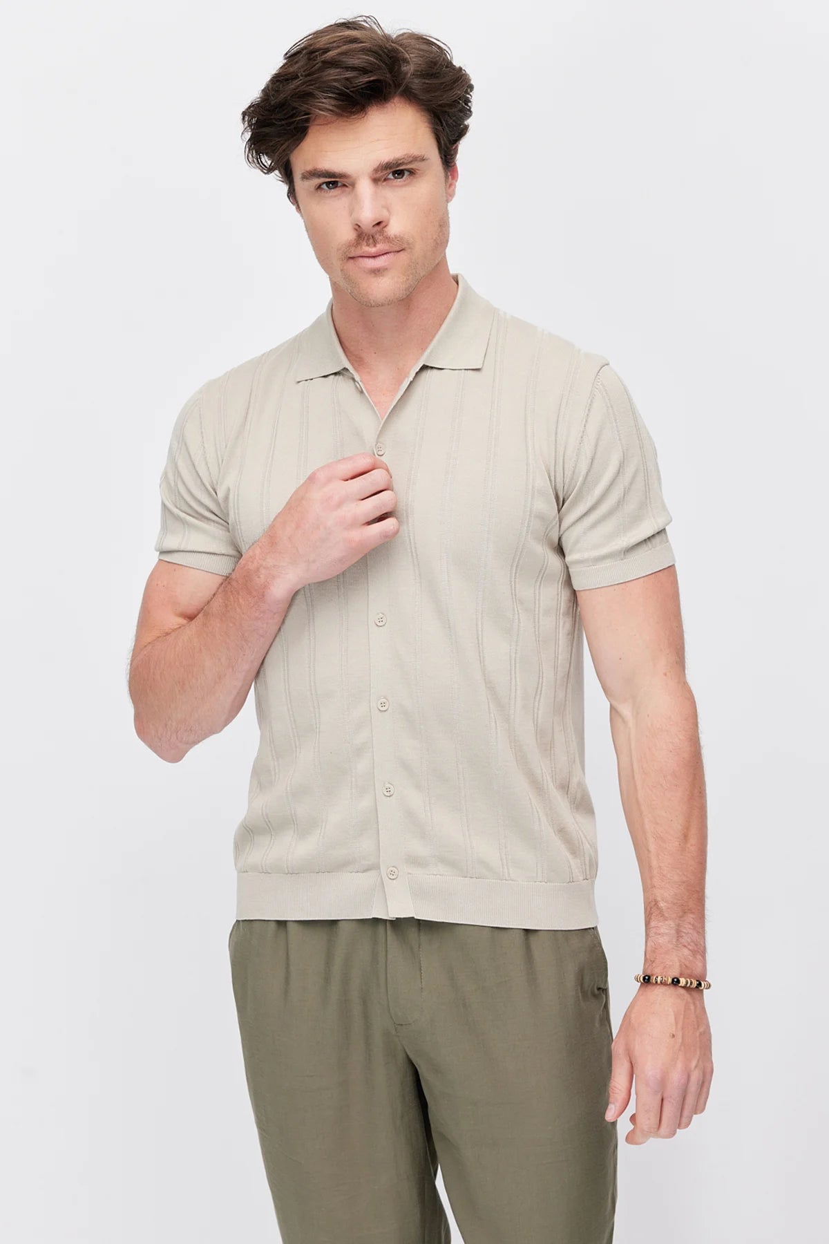Men's Detailed Buttoned Knit Polo Collar T-Shirt