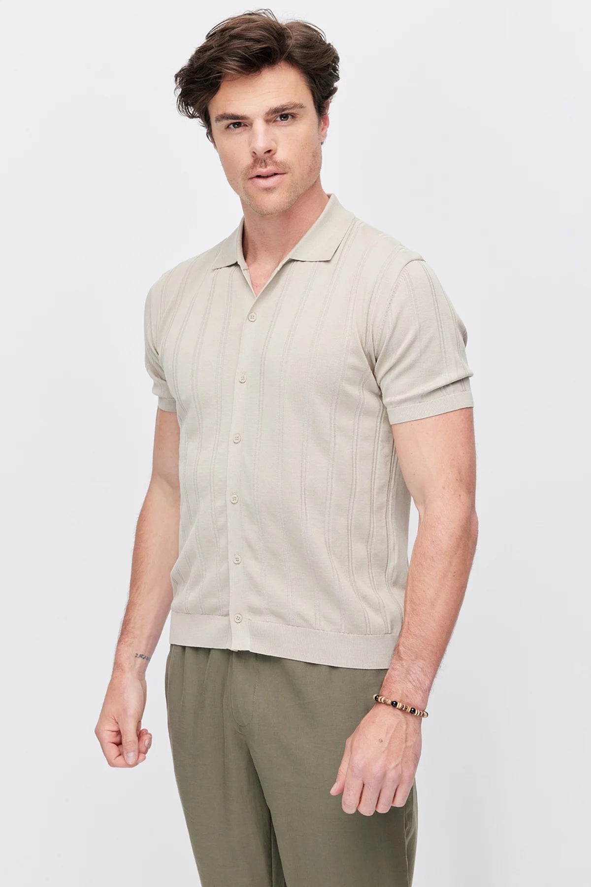 Men's Detailed Buttoned Knit Polo Collar T-Shirt
