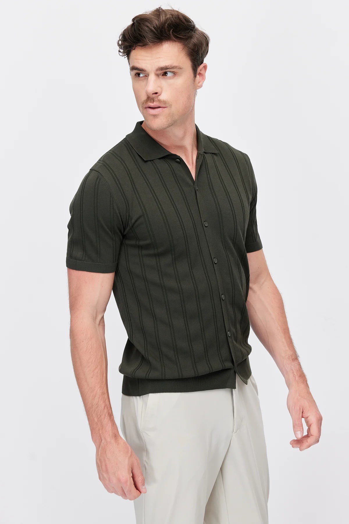 Men's Detailed Buttoned Knit Polo Collar T-Shirt