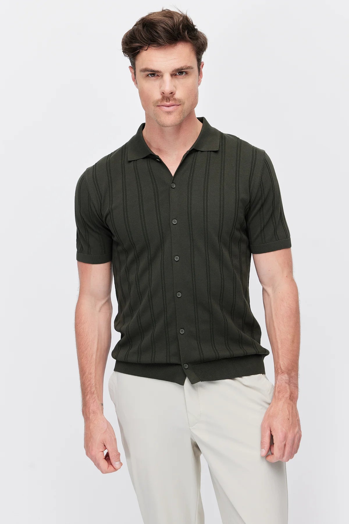 Men's Detailed Buttoned Knit Polo Collar T-Shirt