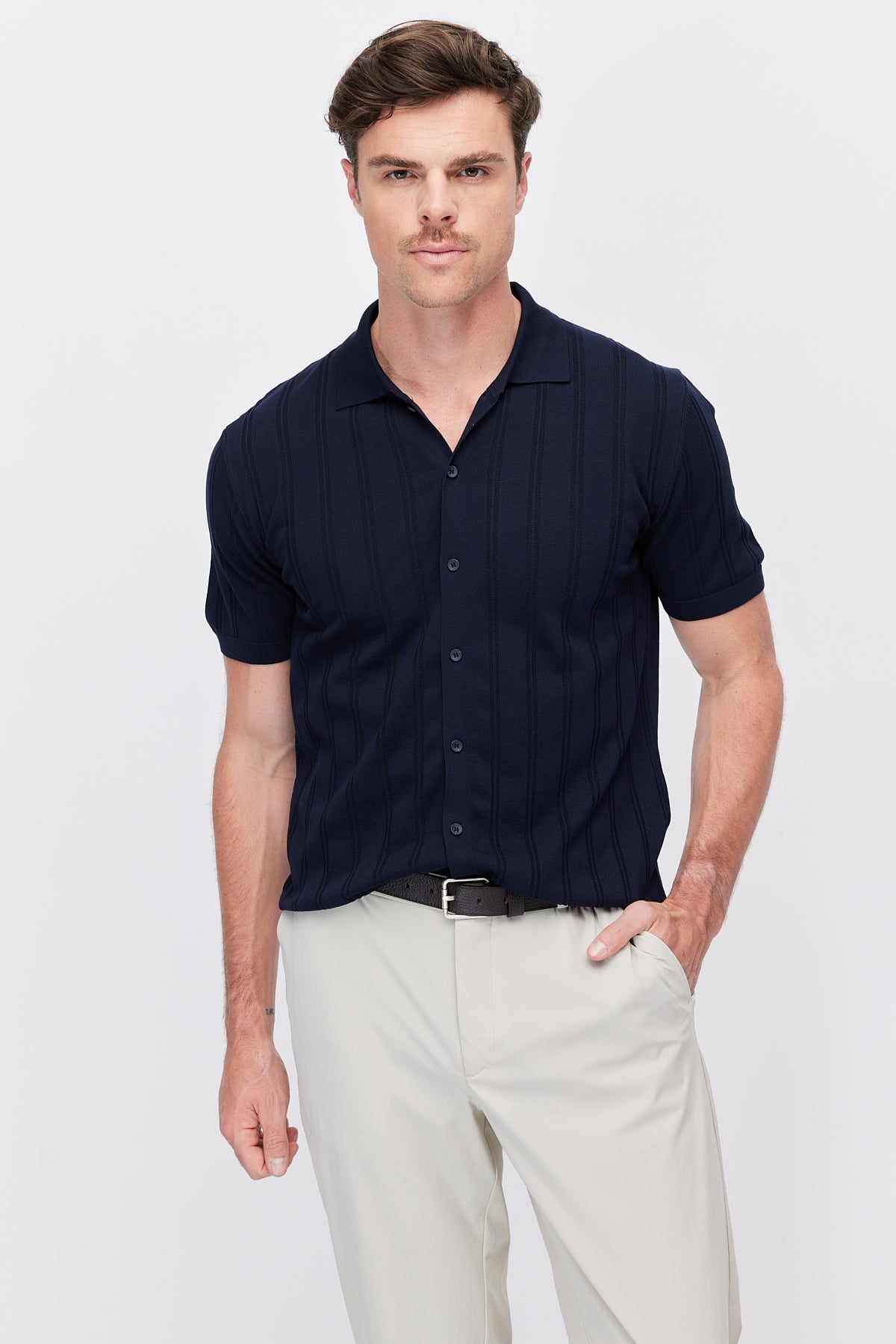 Men's Detailed Buttoned Knit Polo Collar T-Shirt