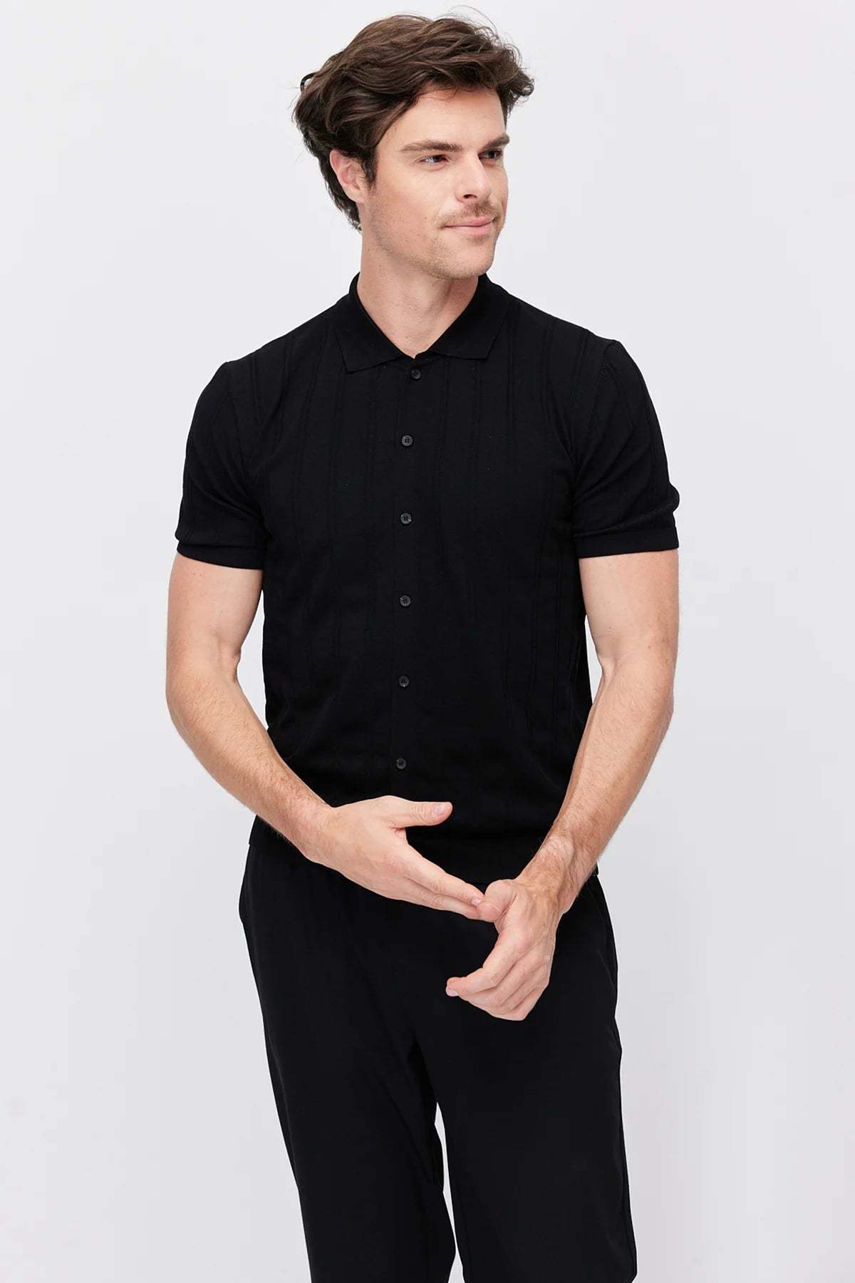 Men's Detailed Buttoned Knit Polo Collar T-Shirt