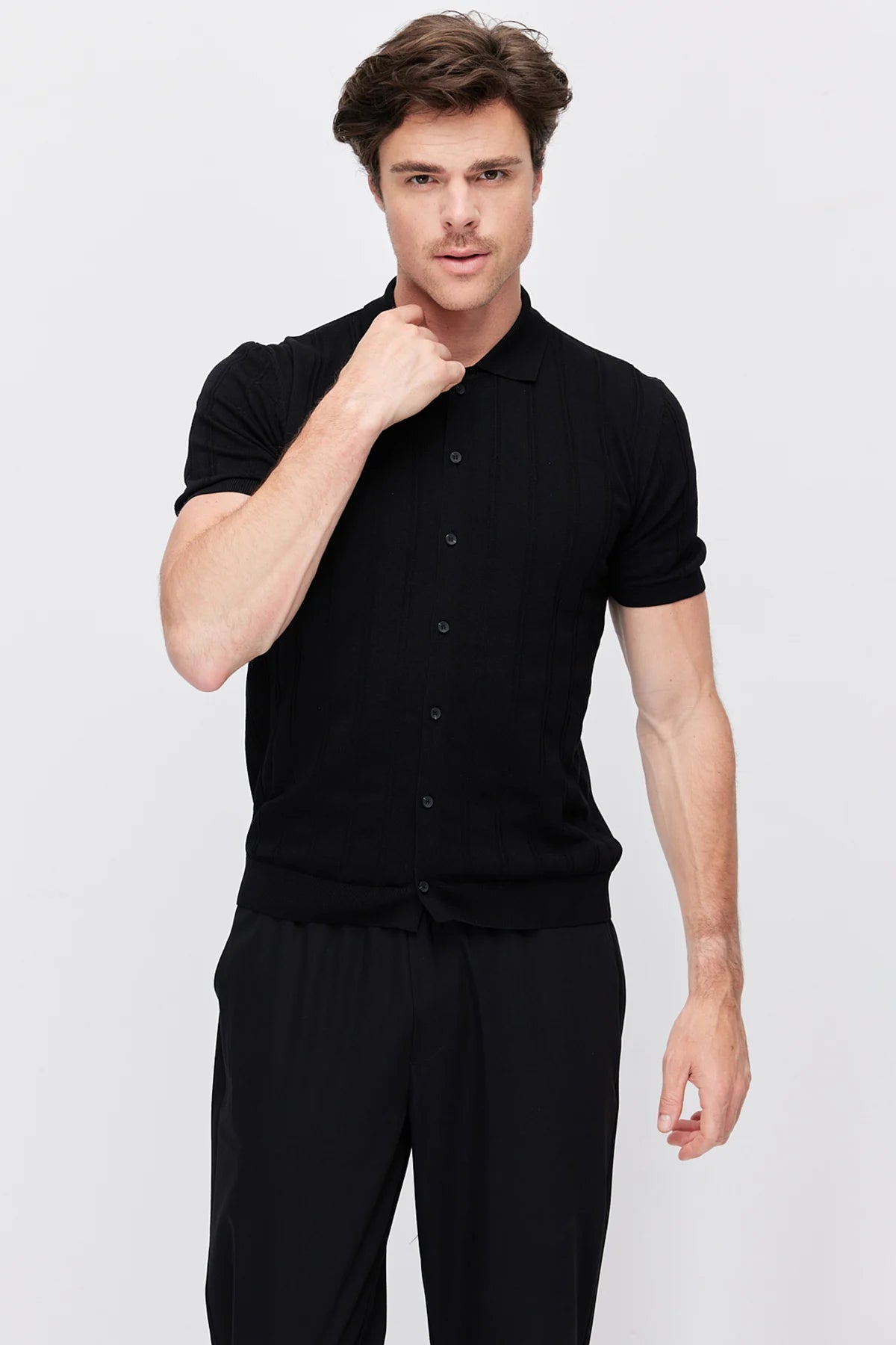 Men's Detailed Buttoned Knit Polo Collar T-Shirt