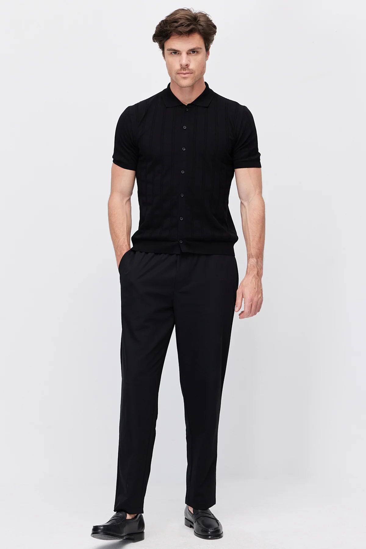Men's Detailed Buttoned Knit Polo Collar T-Shirt