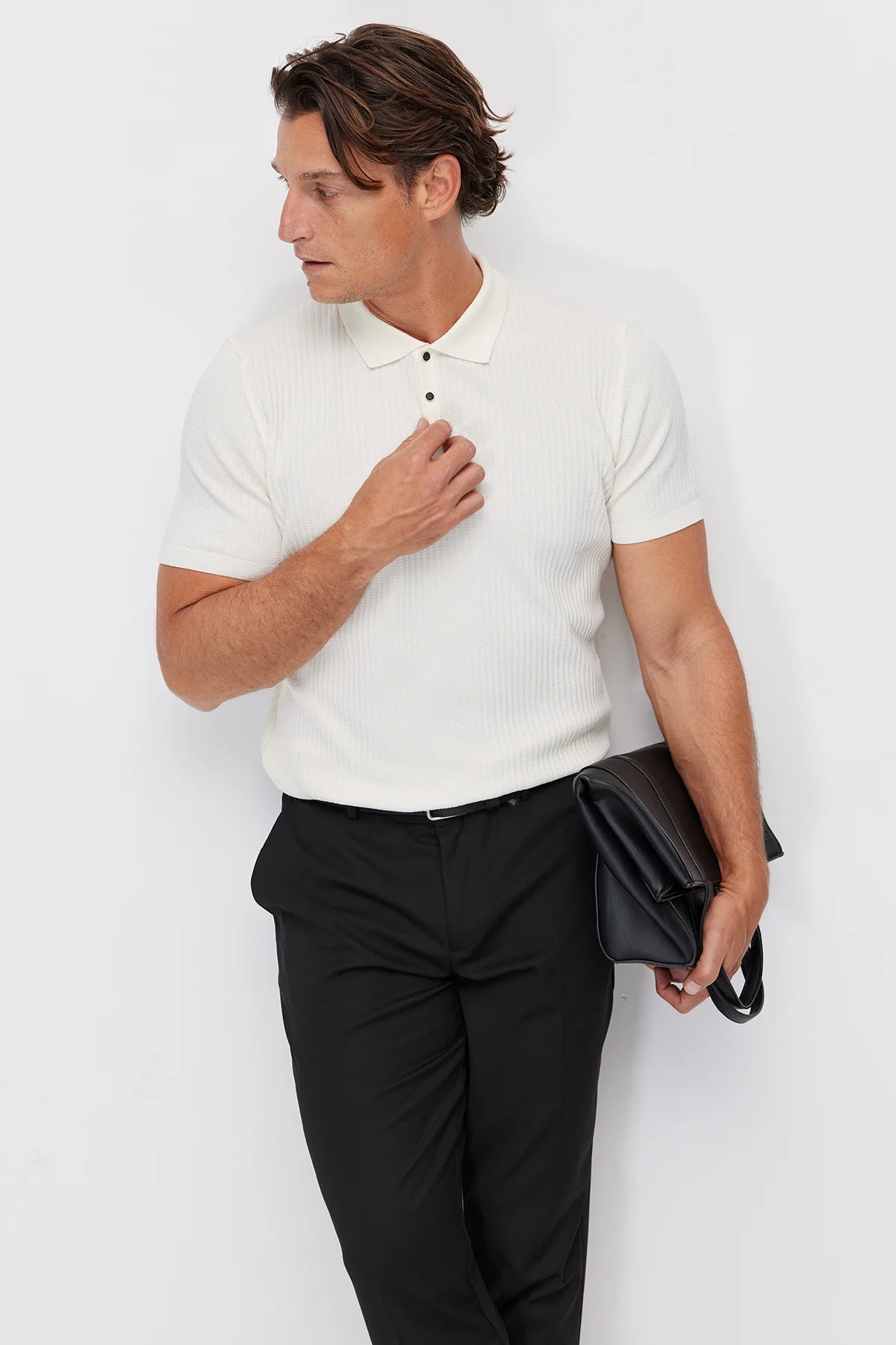 Men's Polo Neck Ribbed Knitwear T-shirt