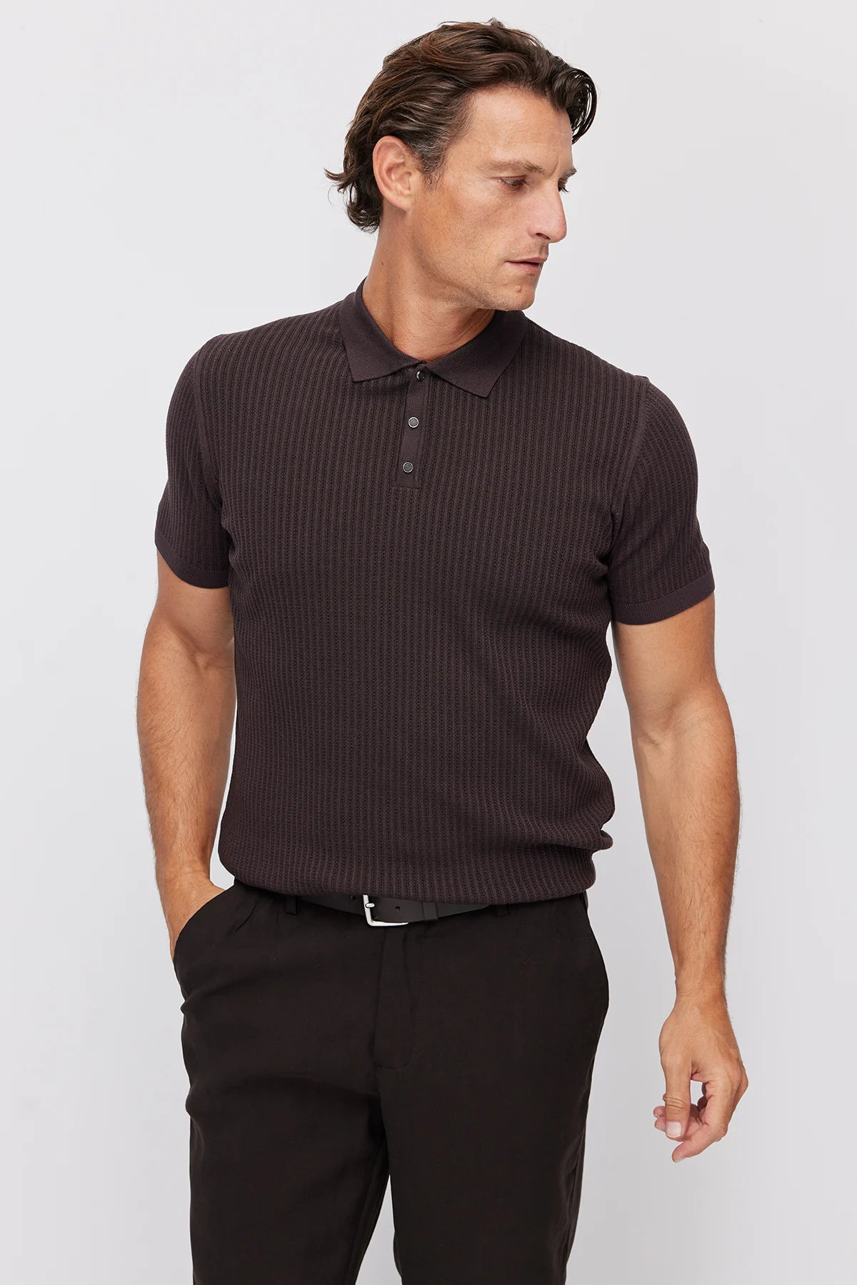Men's Polo Neck Ribbed Knitwear T-shirt