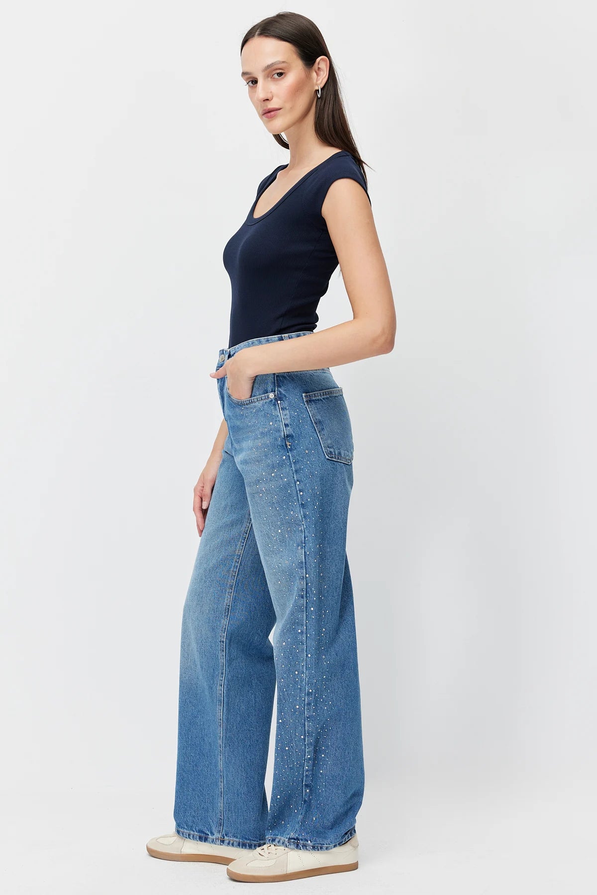 Women's Stone Embellished Wide Leg Jeans