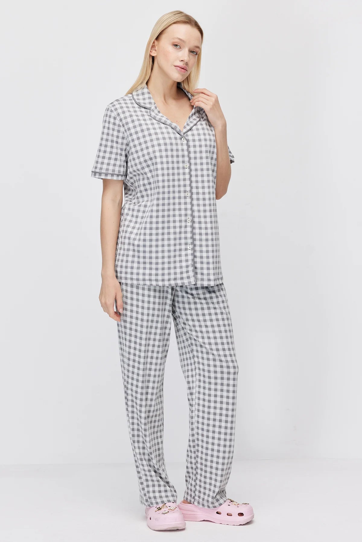 Women's Shirt Collar Plaid Pajama Set