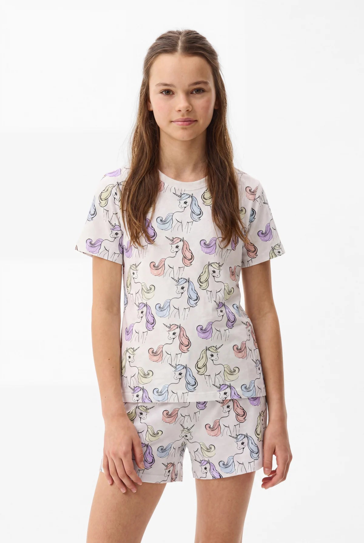 Girls' Unicorn Patterned Pajama Set with Shorts