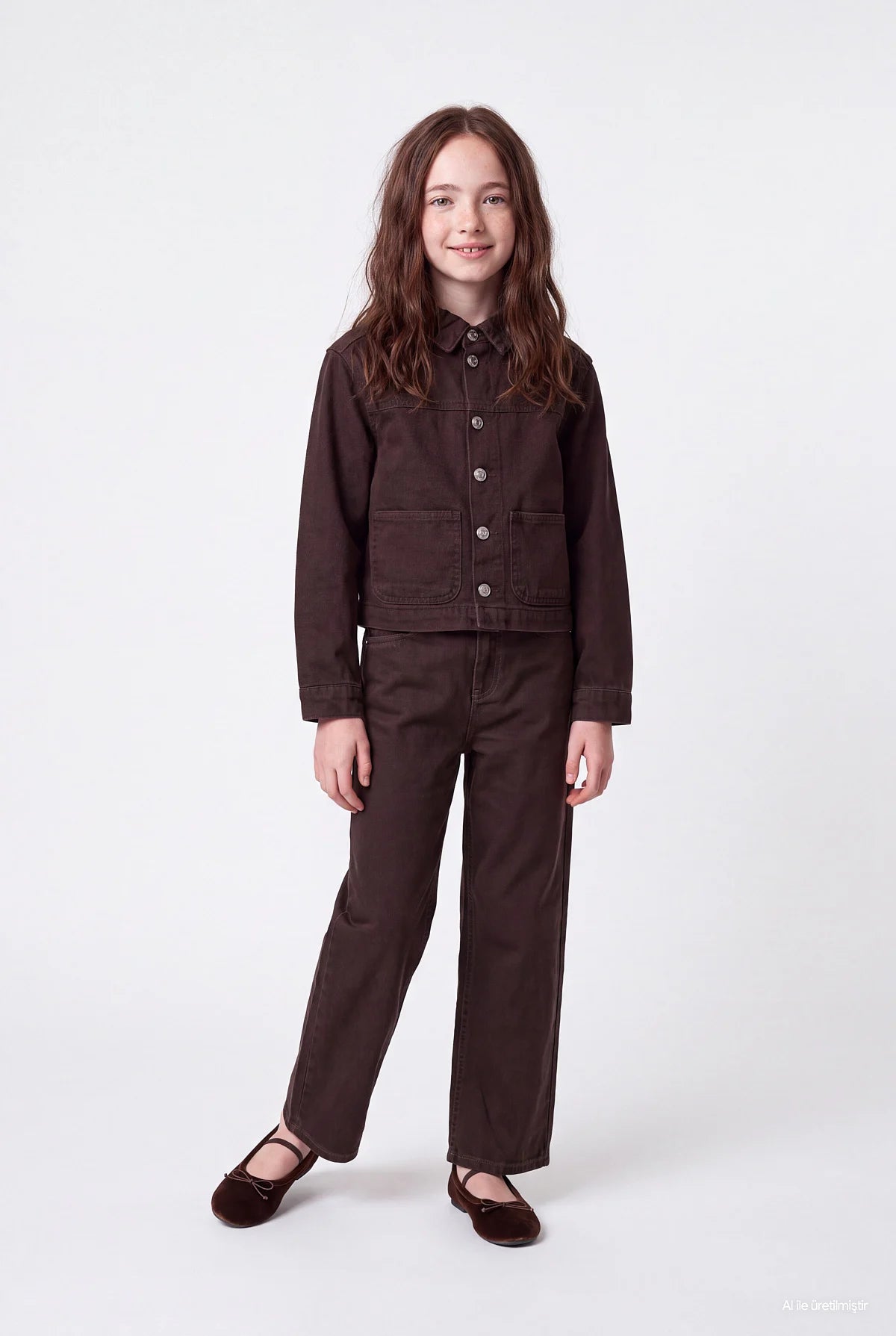 Girls' Double Pocket Buttoned Denim Jacket