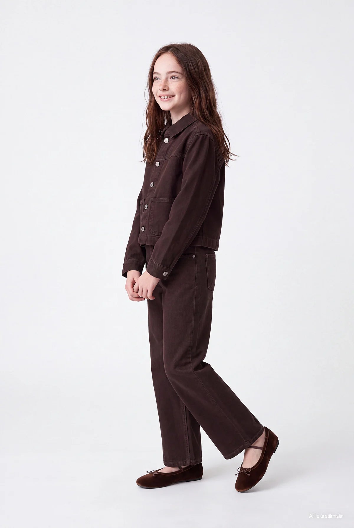 Girls' Double Pocket Buttoned Denim Jacket