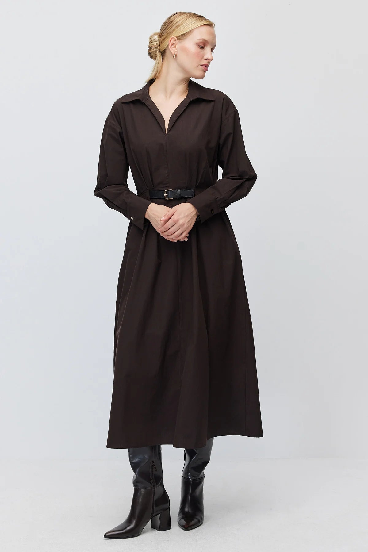 Women's Belted Classic Collar Long Poplin Dress