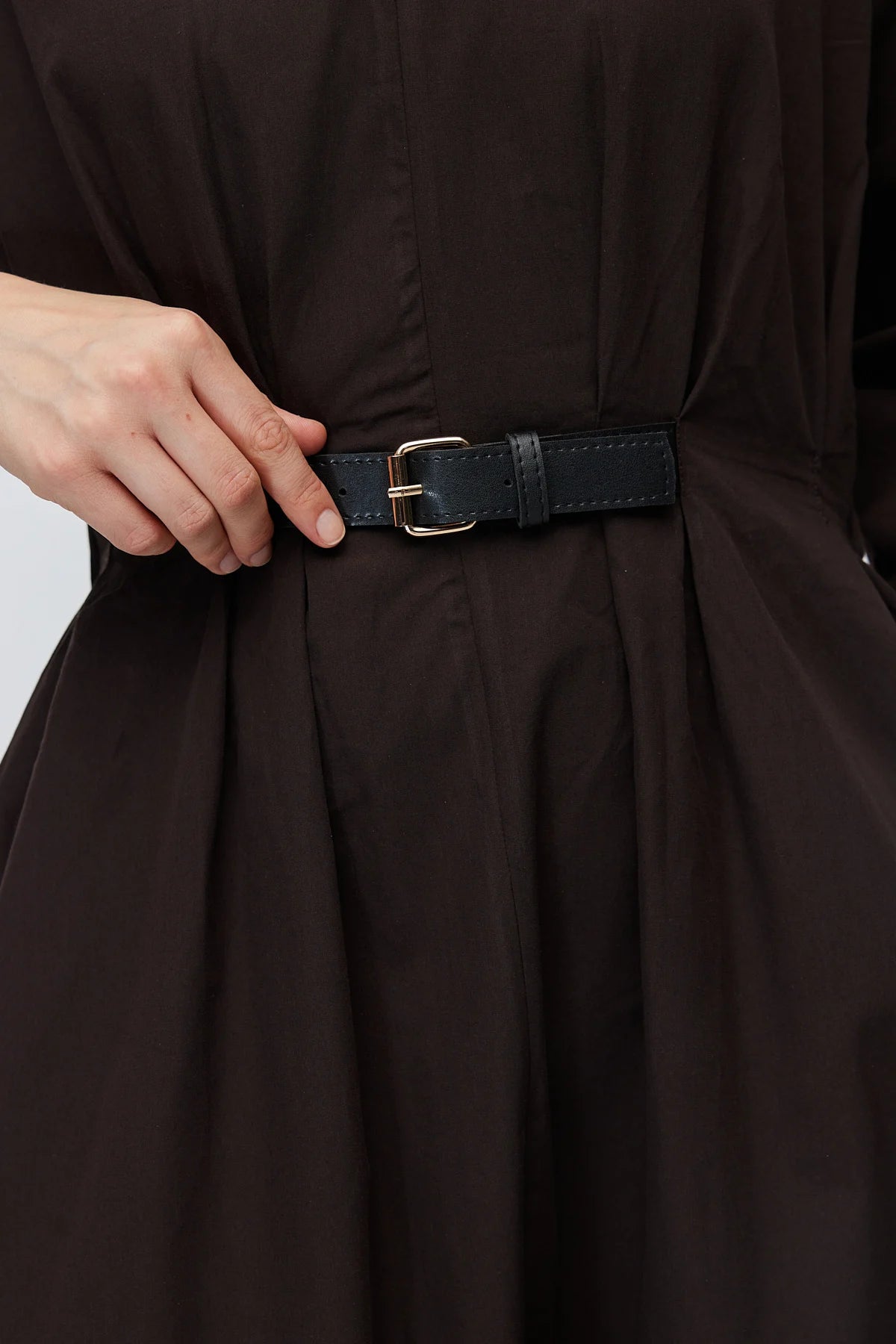 Women's Belted Classic Collar Long Poplin Dress
