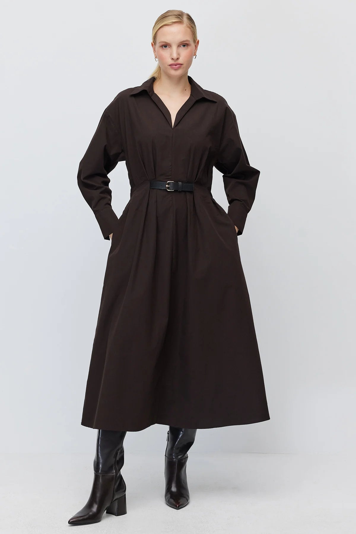 Women's Belted Classic Collar Long Poplin Dress