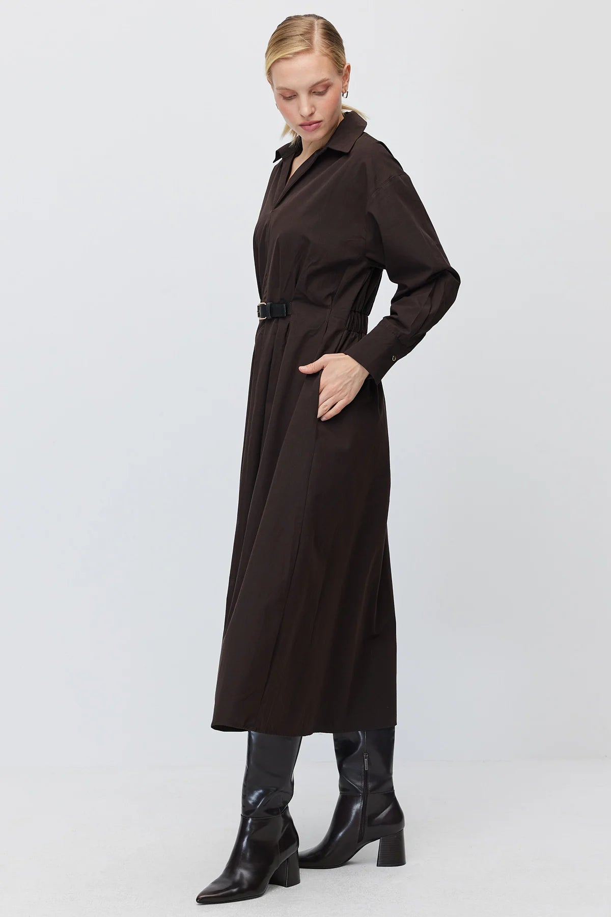 Women's Belted Classic Collar Long Poplin Dress