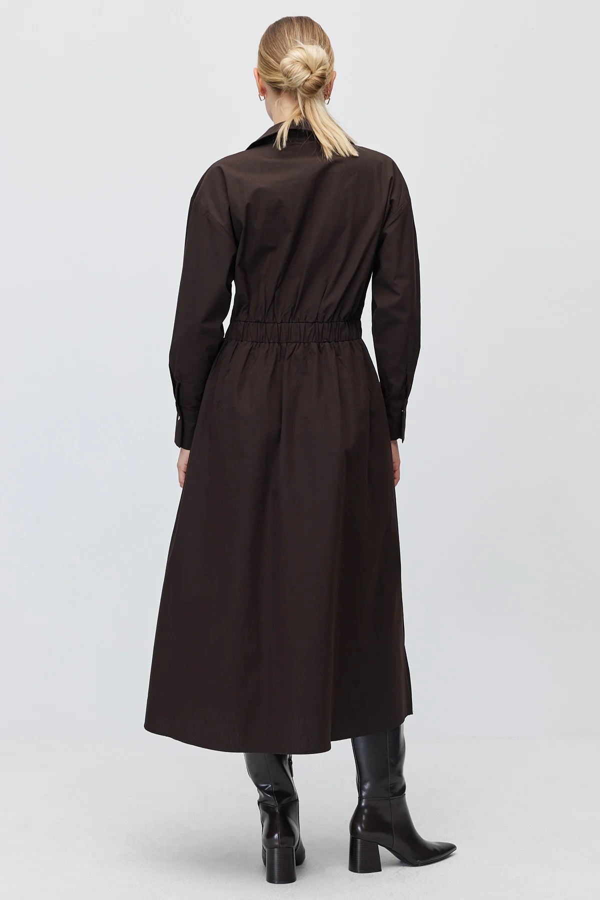 Women's Belted Classic Collar Long Poplin Dress