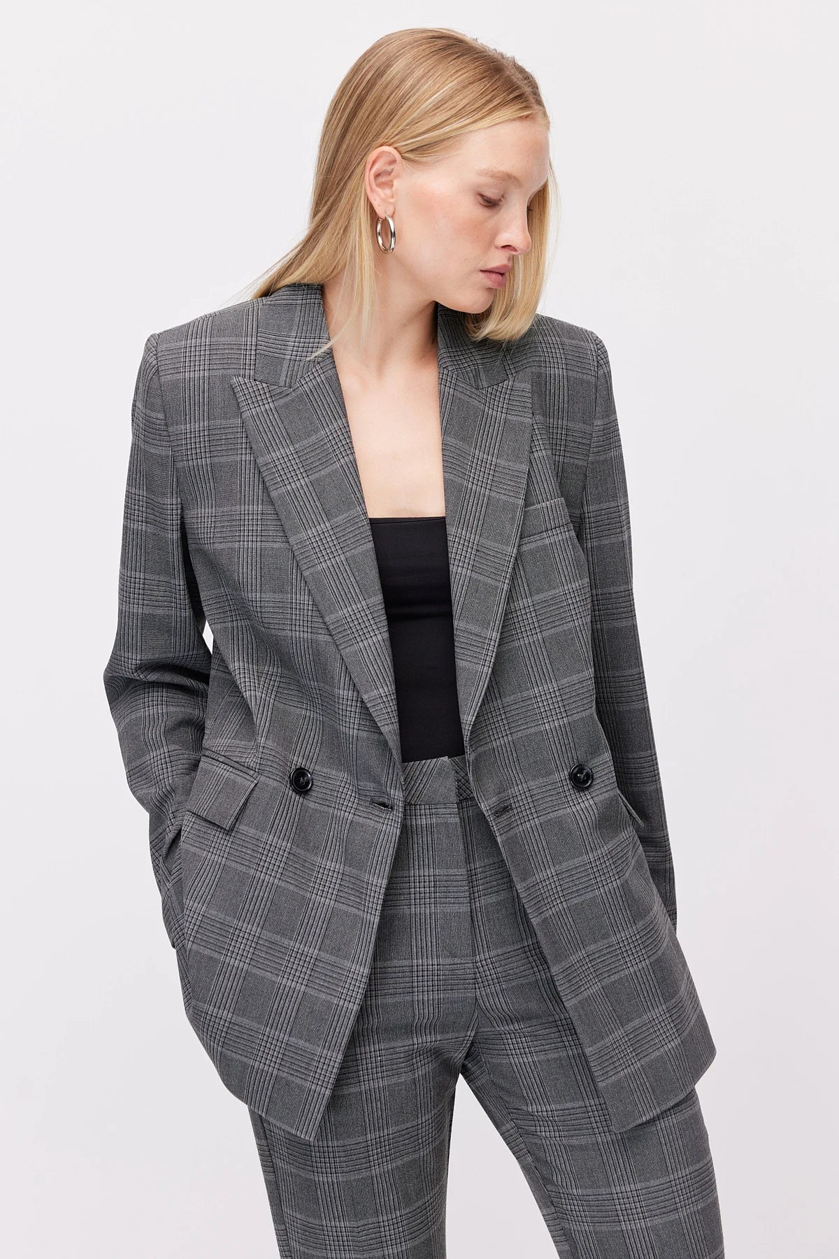 Women's Plaid Button-Down Blazer Jacket