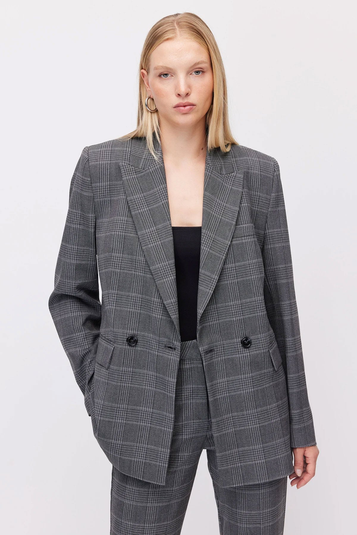 Women's Plaid Button-Down Blazer Jacket