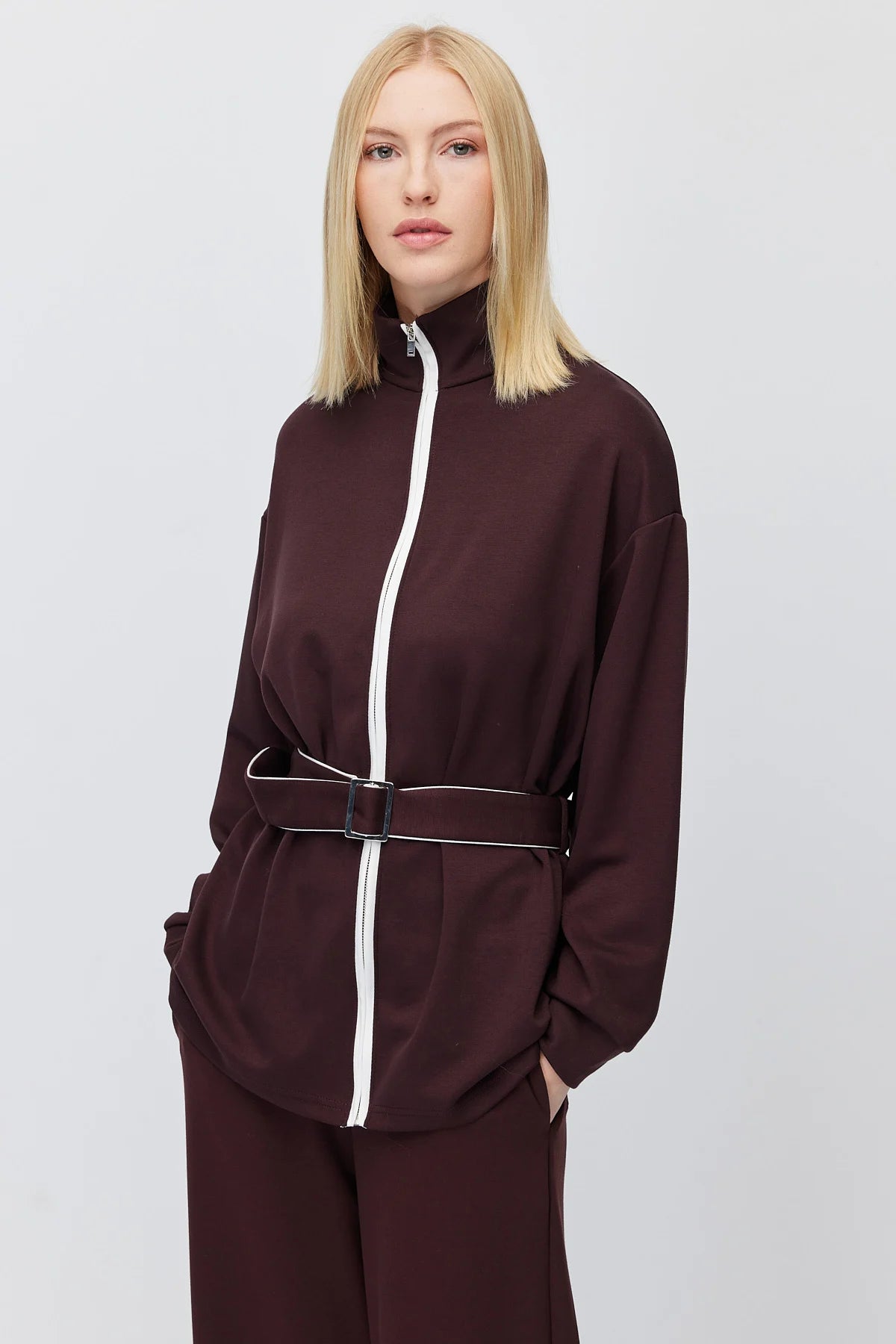 Kadın Beli Kemerli Dik Yaka Sweatshirt