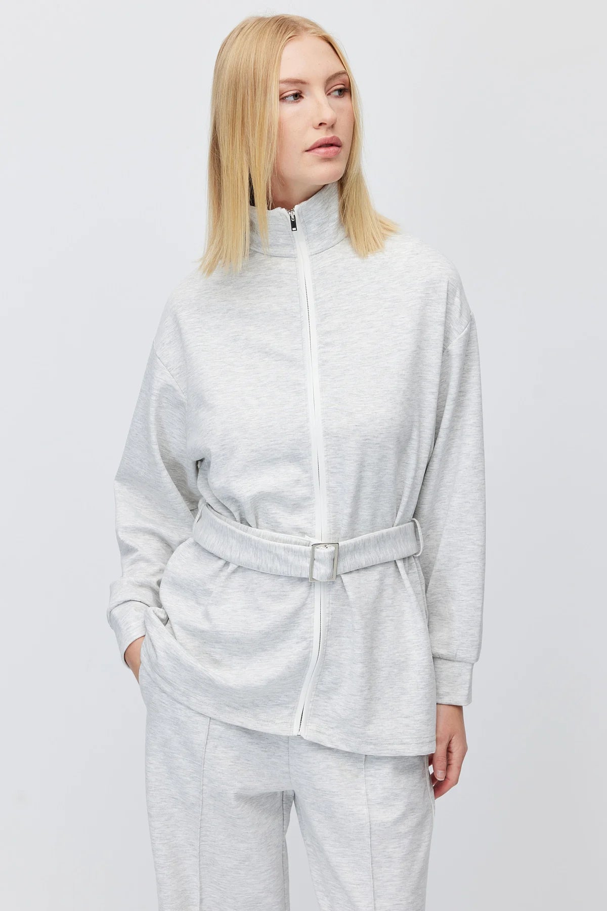 Kadın Beli Kemerli Dik Yaka Sweatshirt