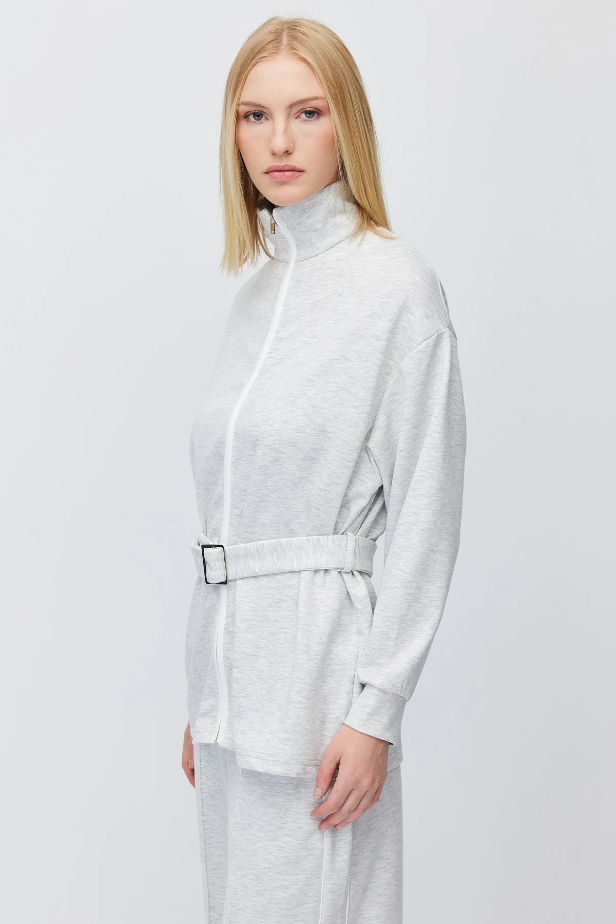 Kadın Beli Kemerli Dik Yaka Sweatshirt