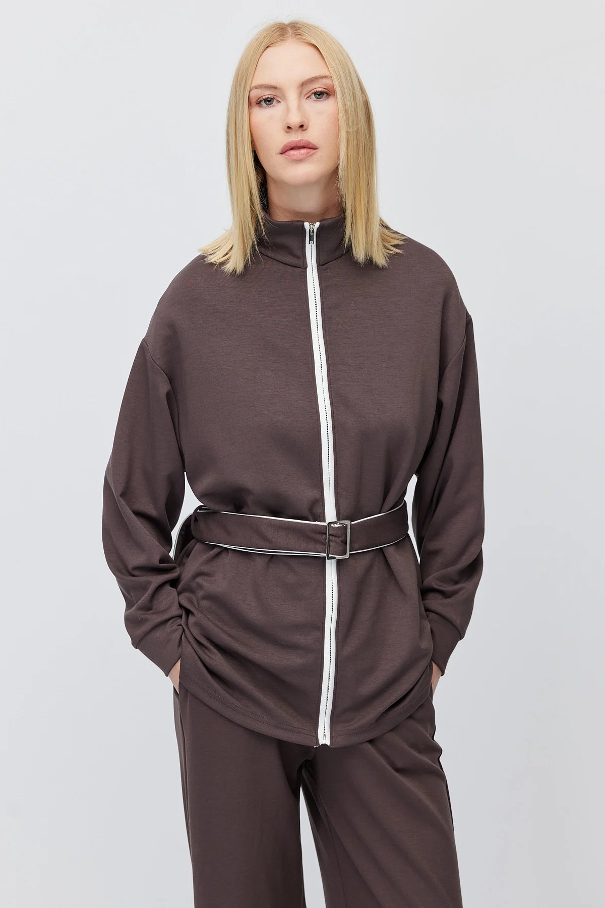 Kadın Beli Kemerli Dik Yaka Sweatshirt