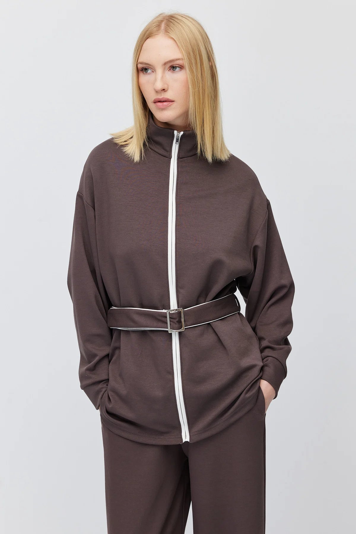 Kadın Beli Kemerli Dik Yaka Sweatshirt