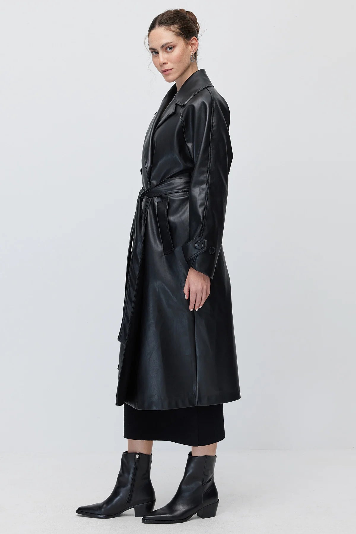 Women's Faux Leather Belted Trench Coat A trench coat