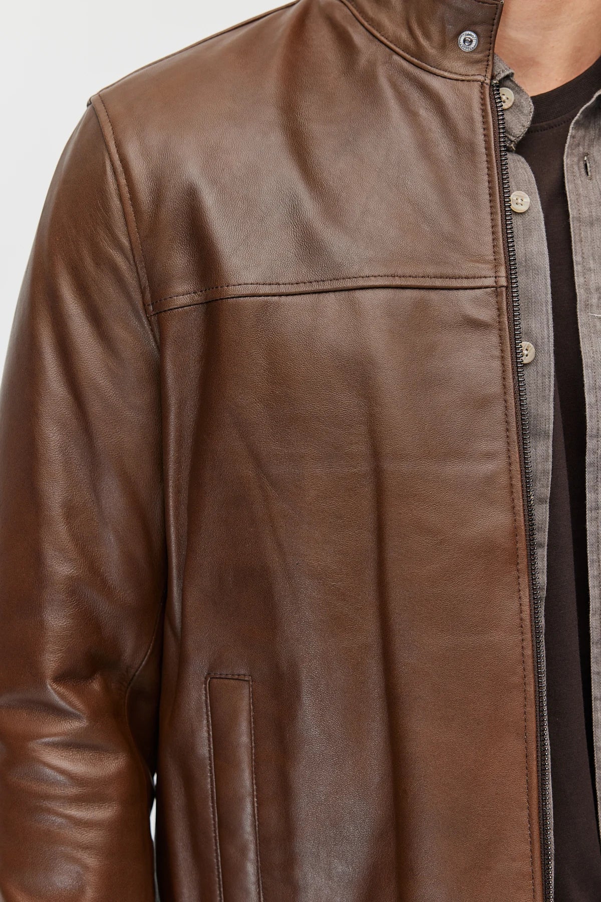 Men's leather jacket with zipper and double pockets.