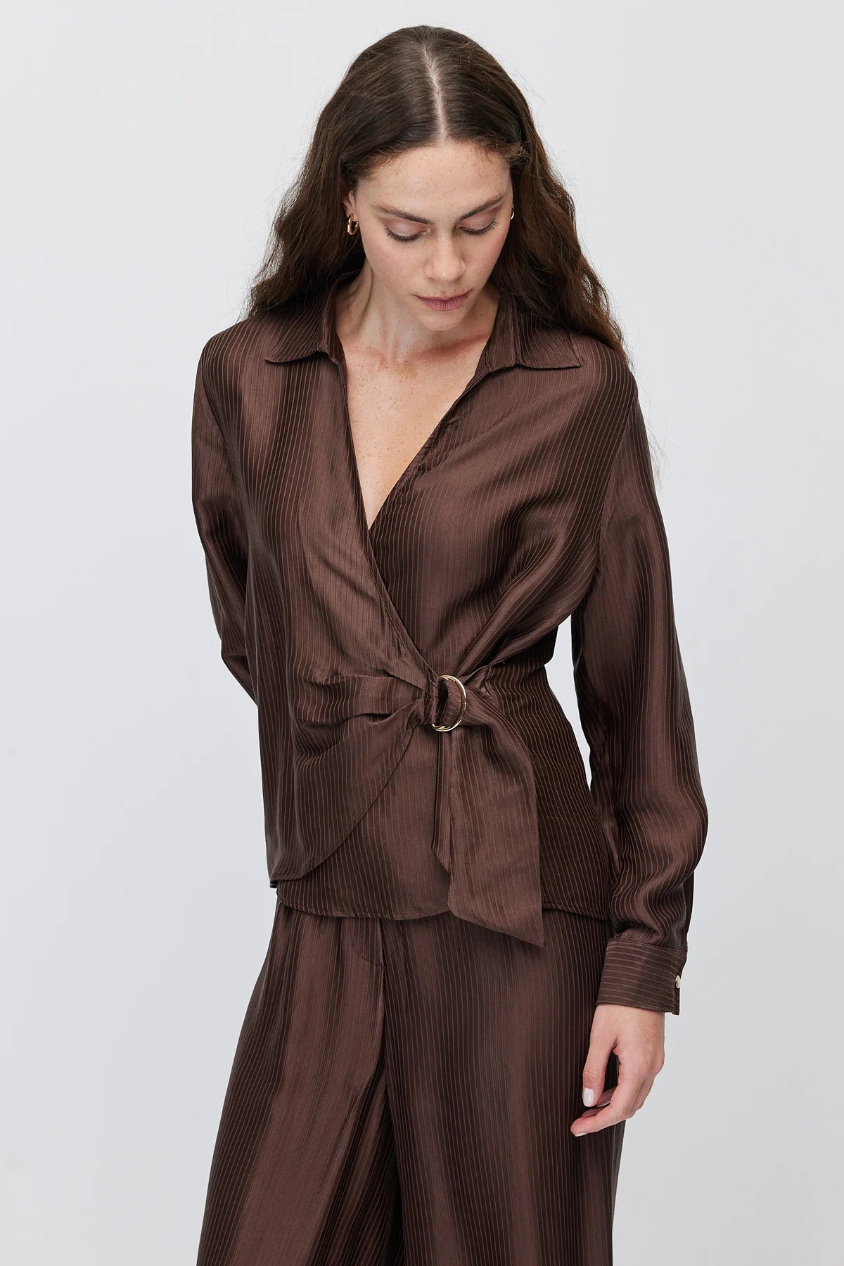 Women's V-Neck shirt with Metal Buckle