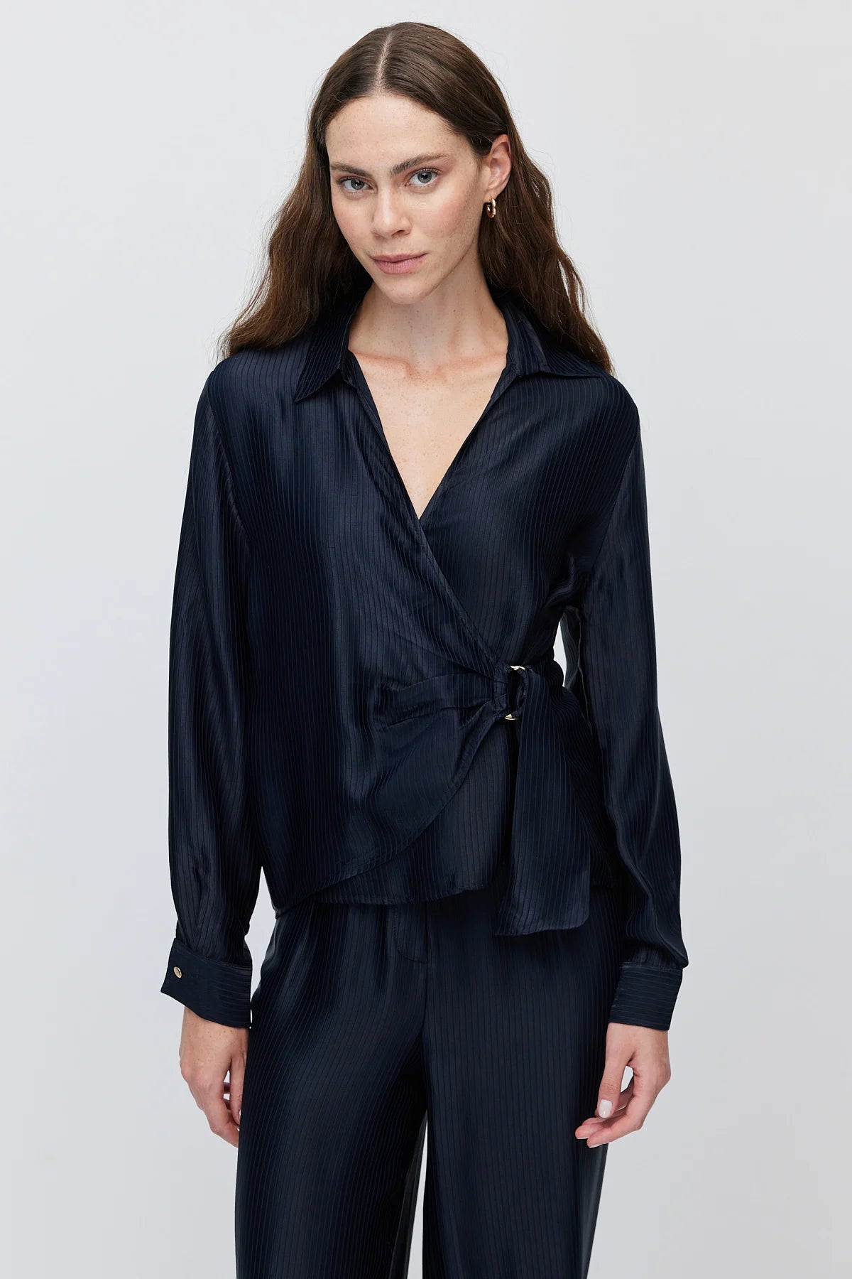 Women's V-Neck shirt with Metal Buckle