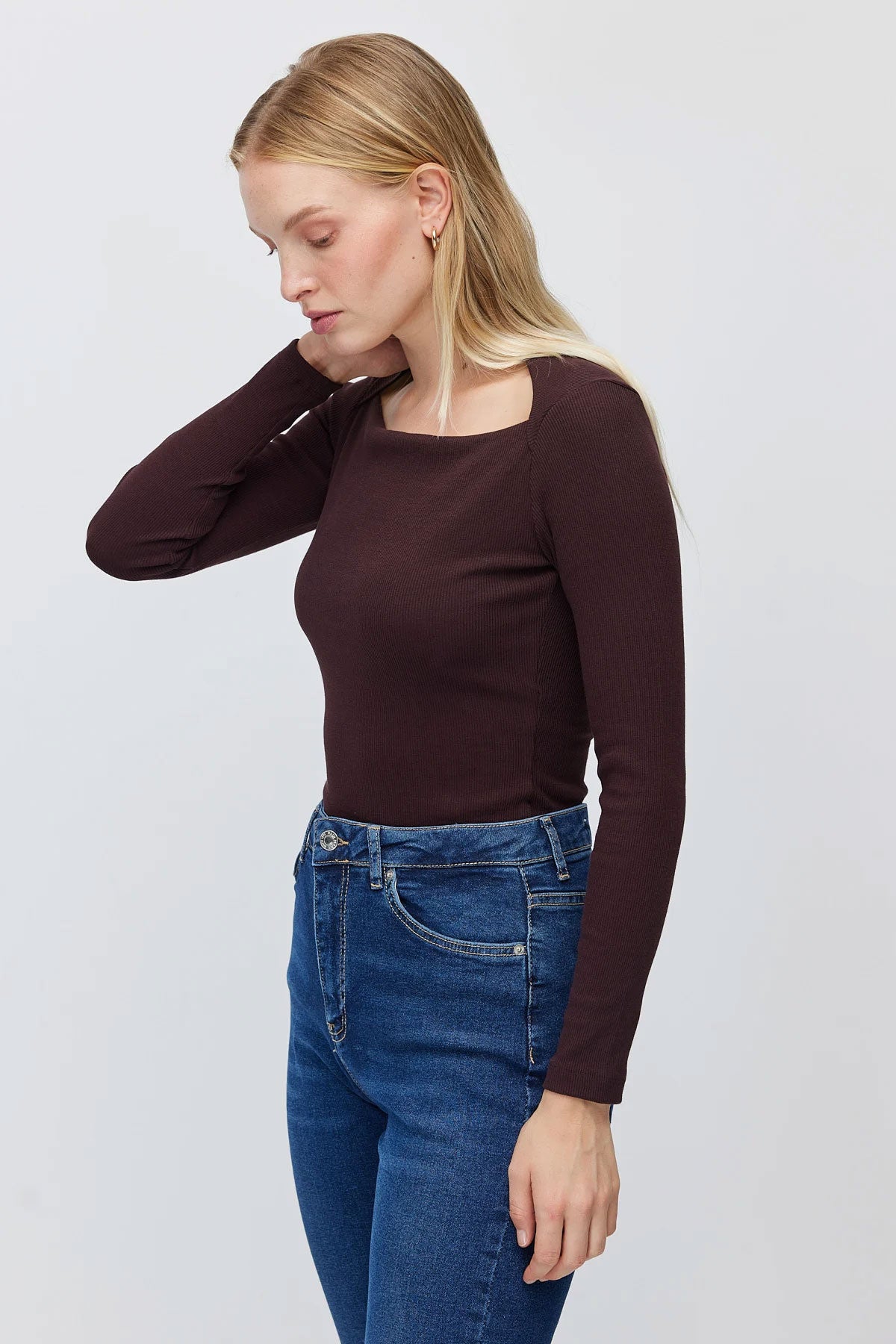 Women's Square Neck Ribbed Long Sleeve Blouse