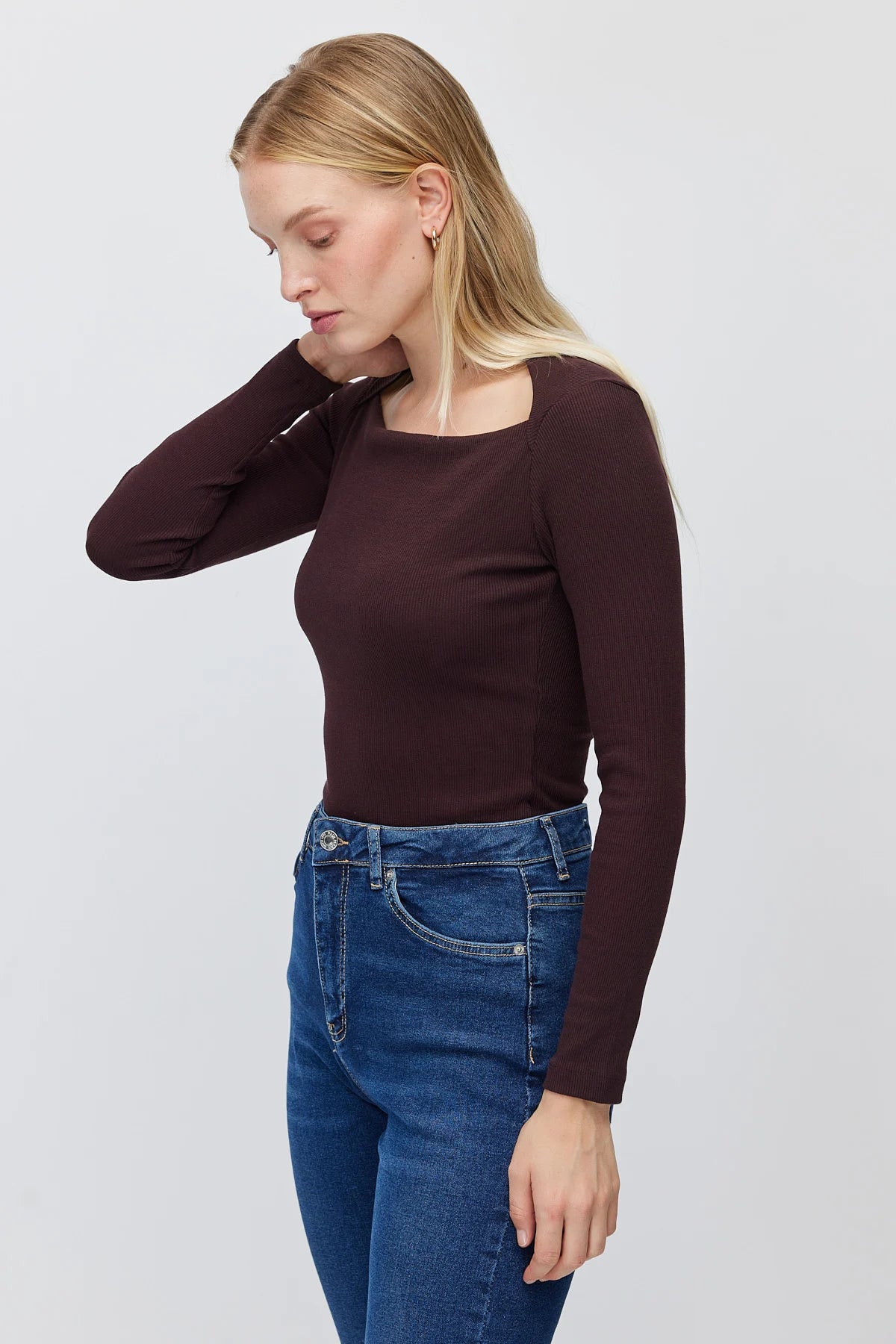 Women's Square Neck Ribbed Long Sleeve Blouse
