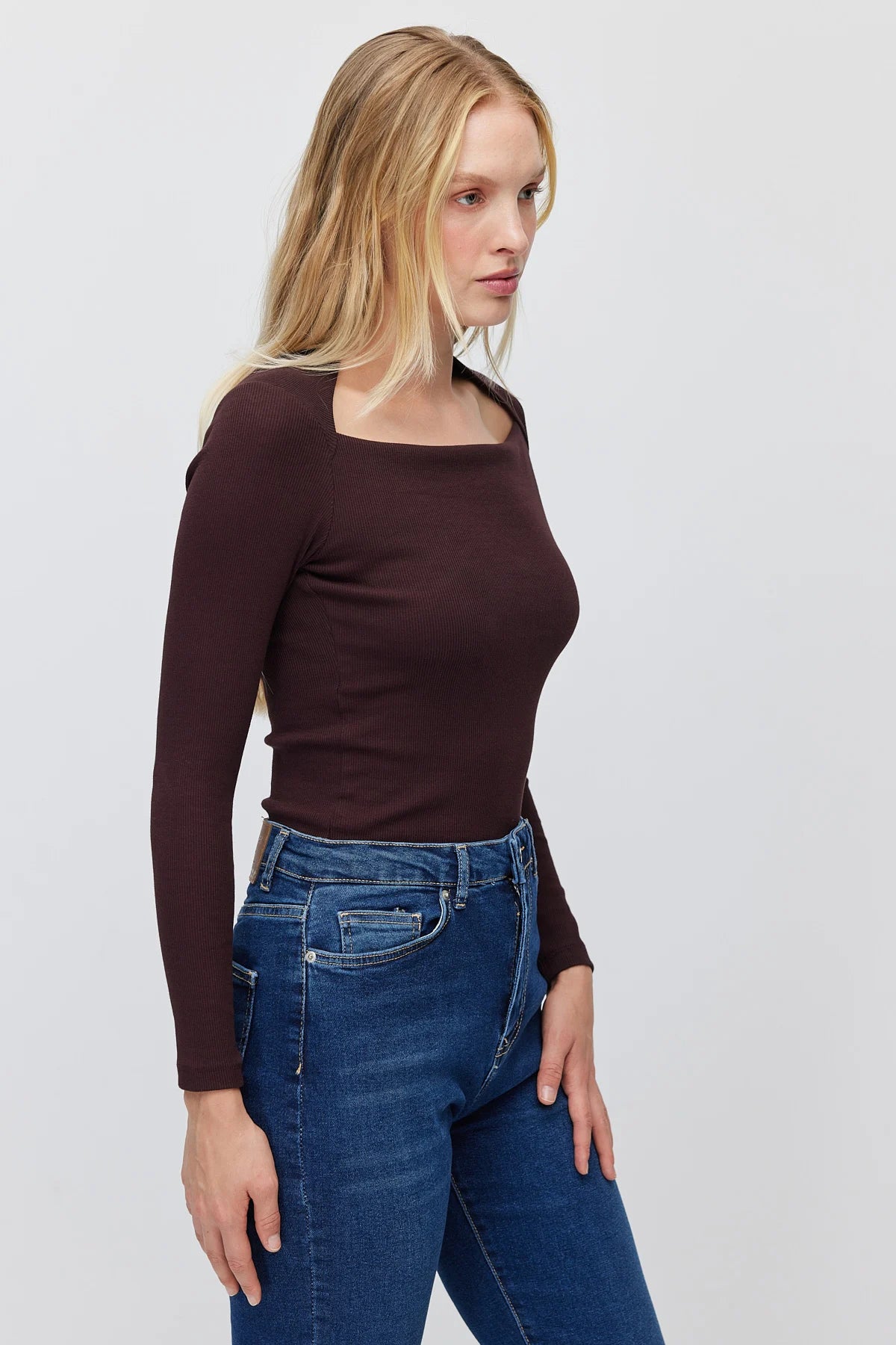 Women's Square Neck Ribbed Long Sleeve Blouse