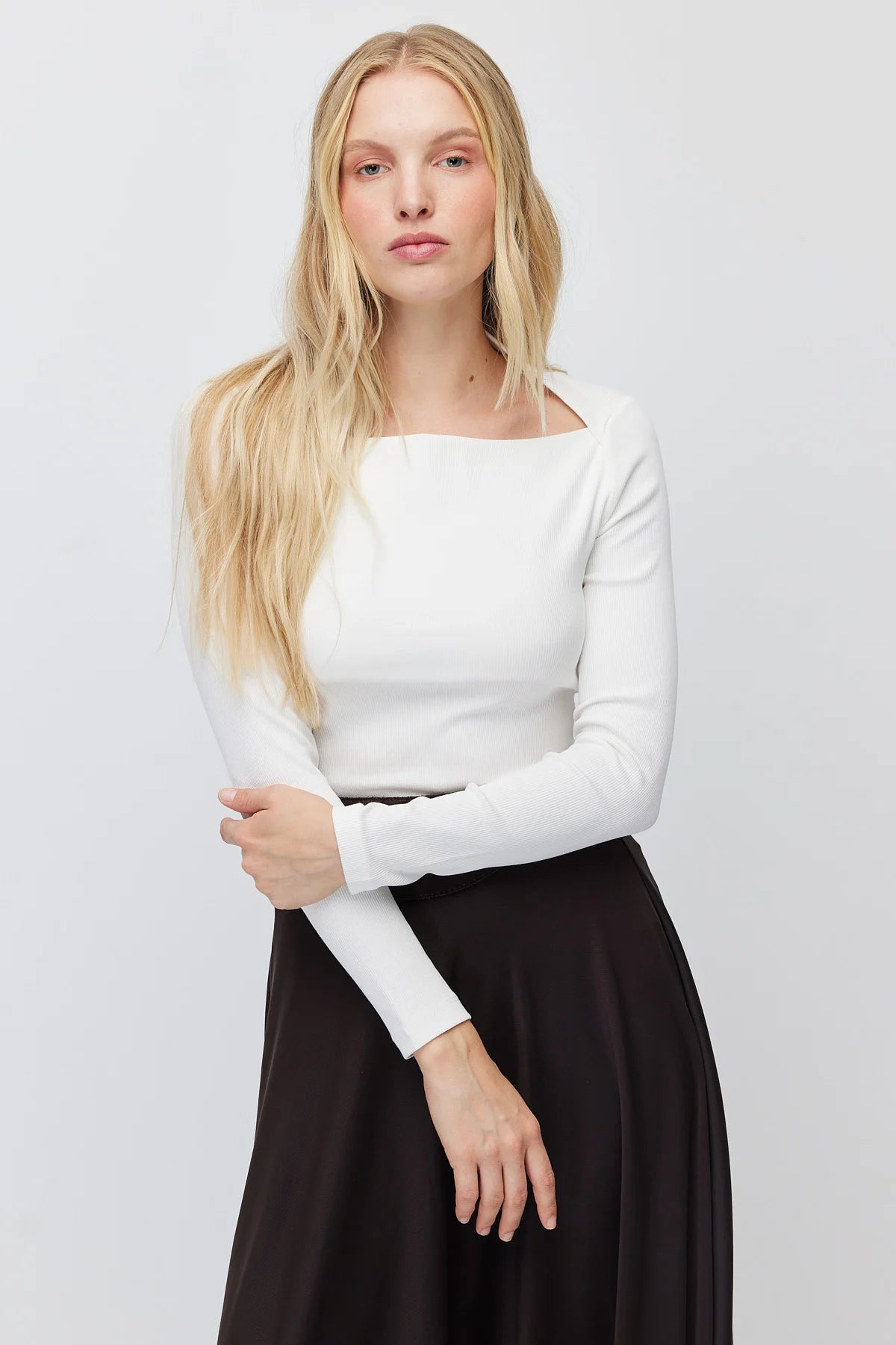 Women's Square Neck Ribbed Long Sleeve Blouse