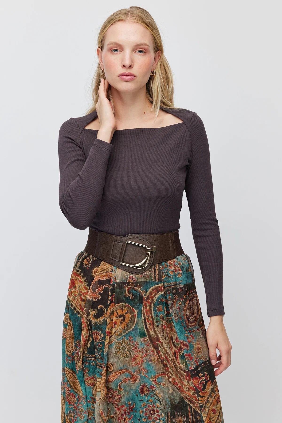 Women's Square Neck Ribbed Long Sleeve Blouse