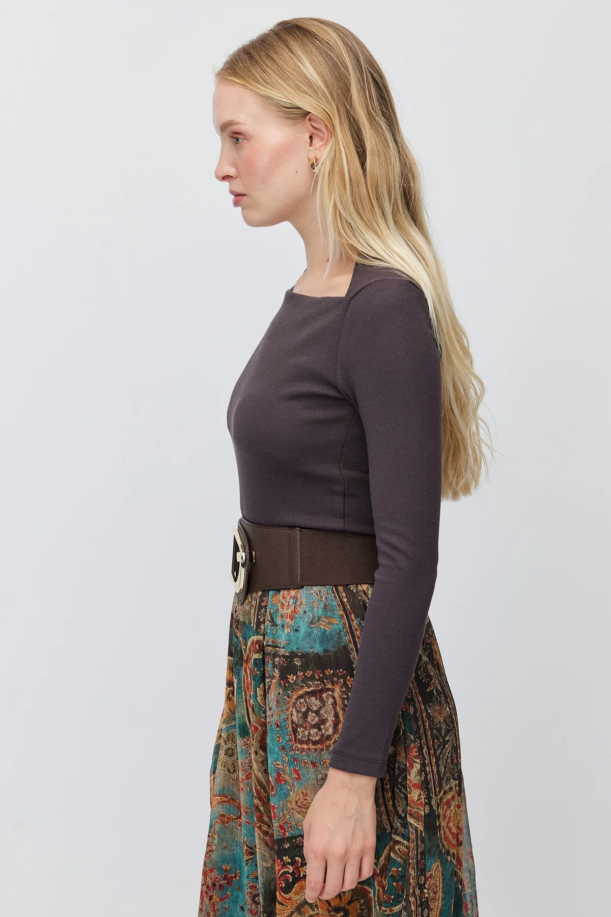 Women's Square Neck Ribbed Long Sleeve Blouse