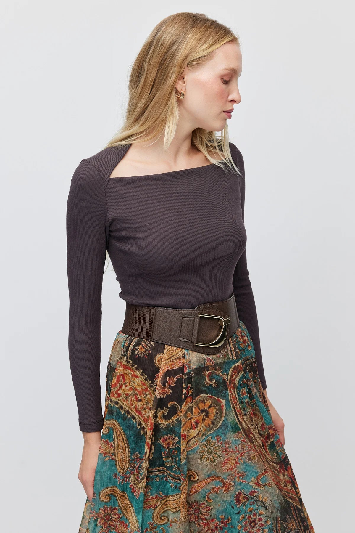 Women's Square Neck Ribbed Long Sleeve Blouse