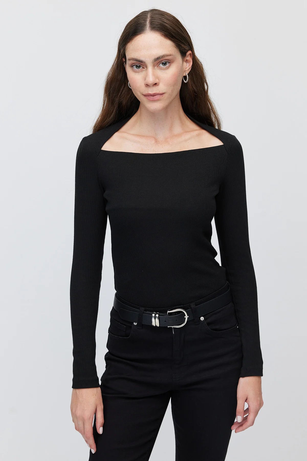 Women's Square Neck Ribbed Long Sleeve Blouse