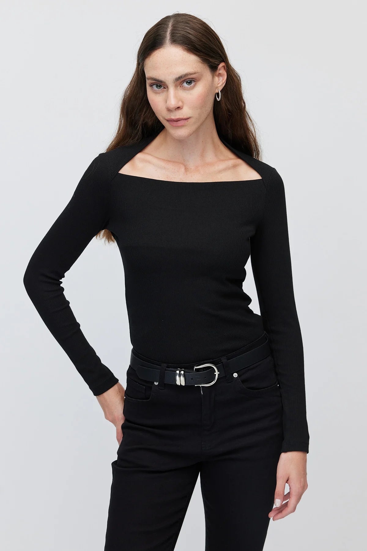Women's Square Neck Ribbed Long Sleeve Blouse