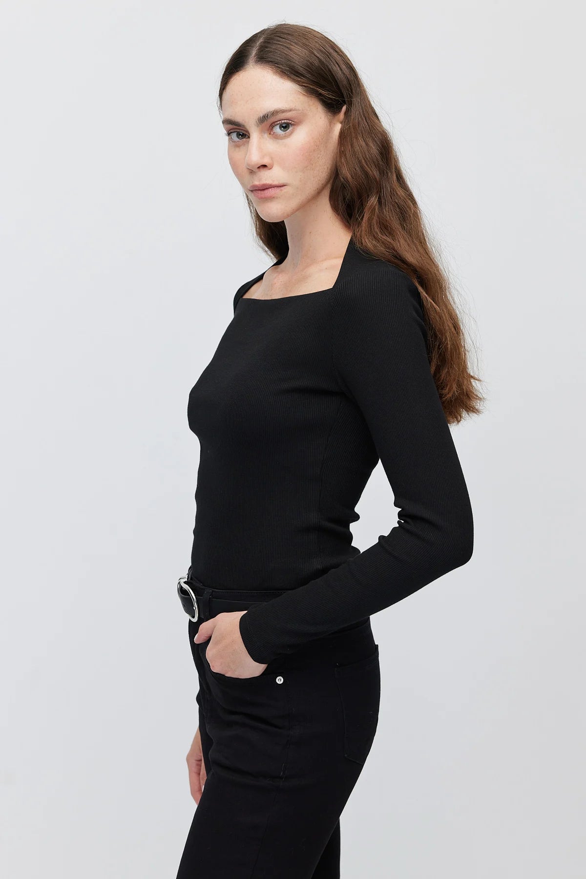Women's Square Neck Ribbed Long Sleeve Blouse