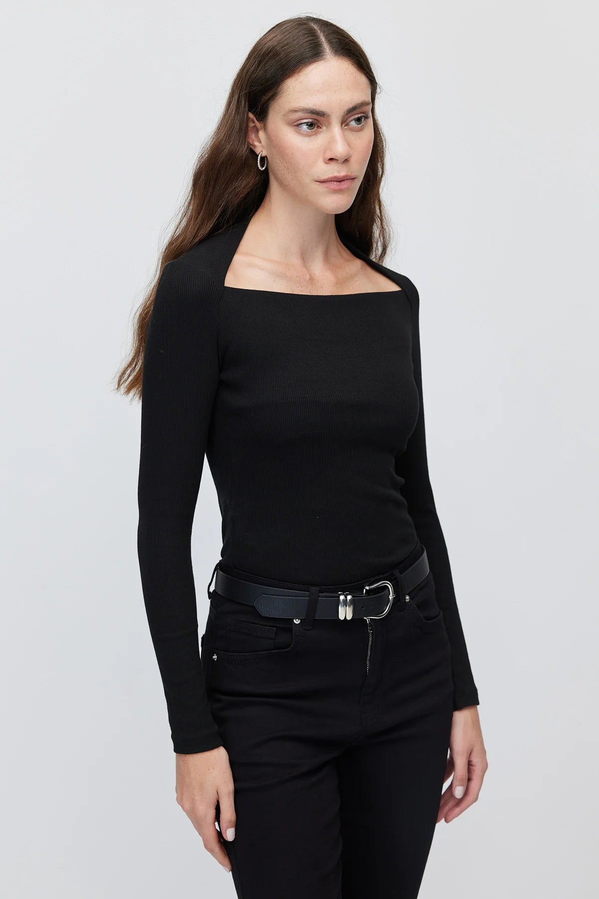 Women's Square Neck Ribbed Long Sleeve Blouse